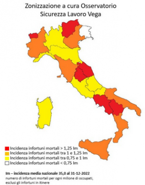 La mappa a colori del rischio morti bianche nel 2022 (Fonte: Osservatorio sicurezza sul lavoro Vega Engineering)