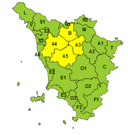 La mappa dell'allerta della Regione Toscana