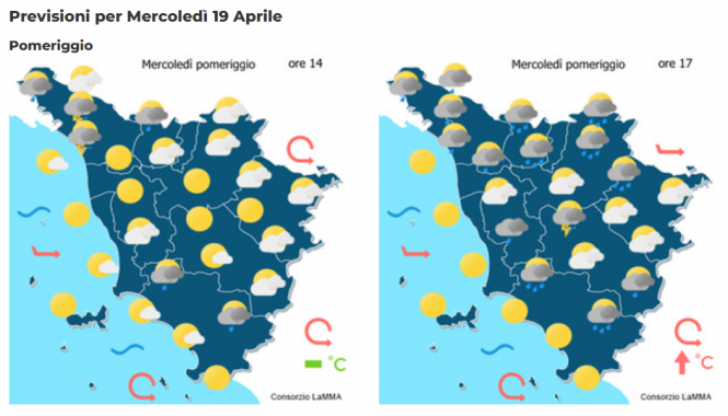 Le previsioni del consorzio Lamma per il pomeriggio del 19 Aprile in Toscana